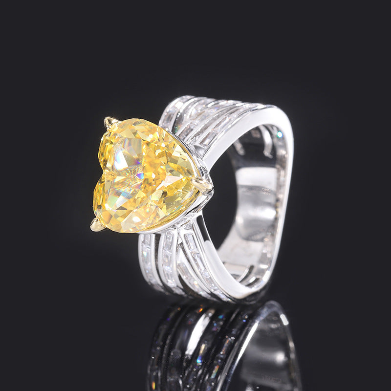S925 Silver High Carbon Diamond Radiant Yellow Diamond Heart Shape Women's Ring Necklace Earrings Set Jewelry Women's Accessories-Mix MIx Style