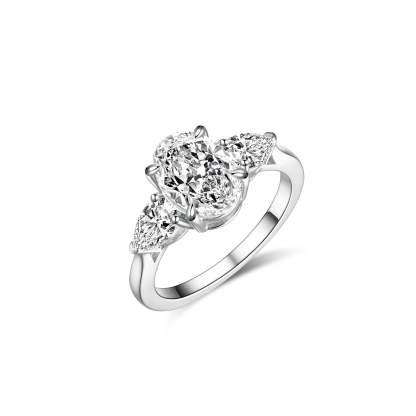 925 silver HW three-stone 2.5ct oval diamond ring egg-shaped ice flower cut high carbon diamond wedding ring light luxury high-end ring female-Mix MIx Style