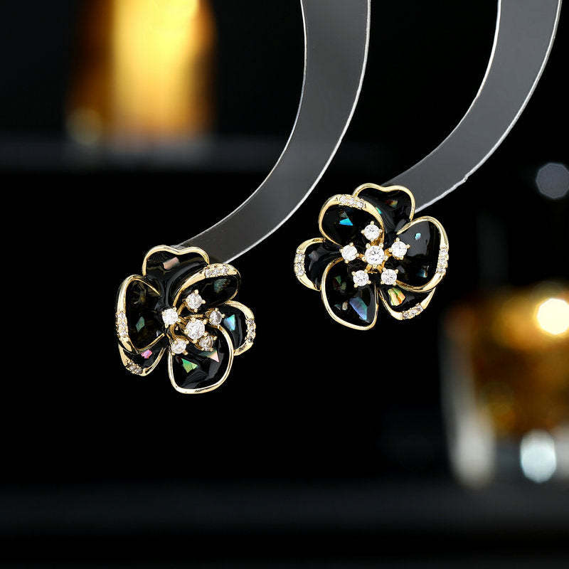 s925 silver needle niche flower earrings trendy fashion commuting daily wear zircon oil drop three-dimensional camellia earrings-Mix MIx Style