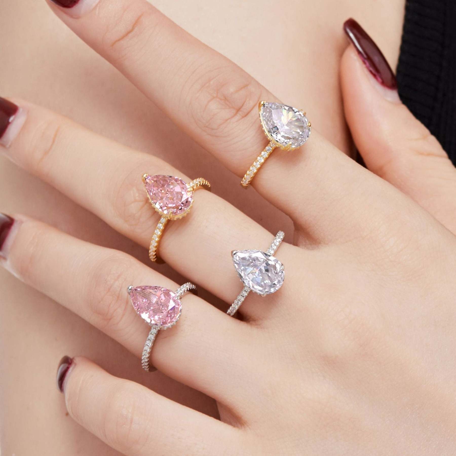 Dainty Pink Pear Cut Moissanite Diamond ct 18k White/Vermeil Gold Plated Engagement Ring | Mix Mix Style-Mix MIx Style