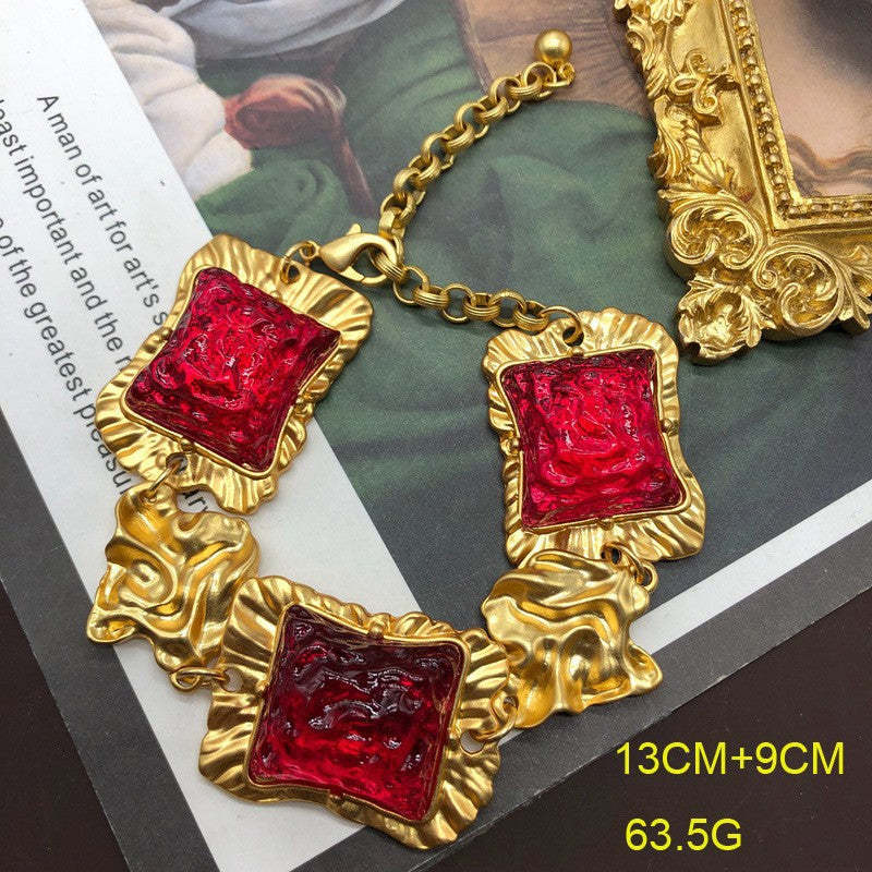 Square Pink Vintage Retro Elegant Luxury 18k Gold Plated Necklace Earring Bracelet Jewelry Set | Mix Mix Style-Mix MIx Style