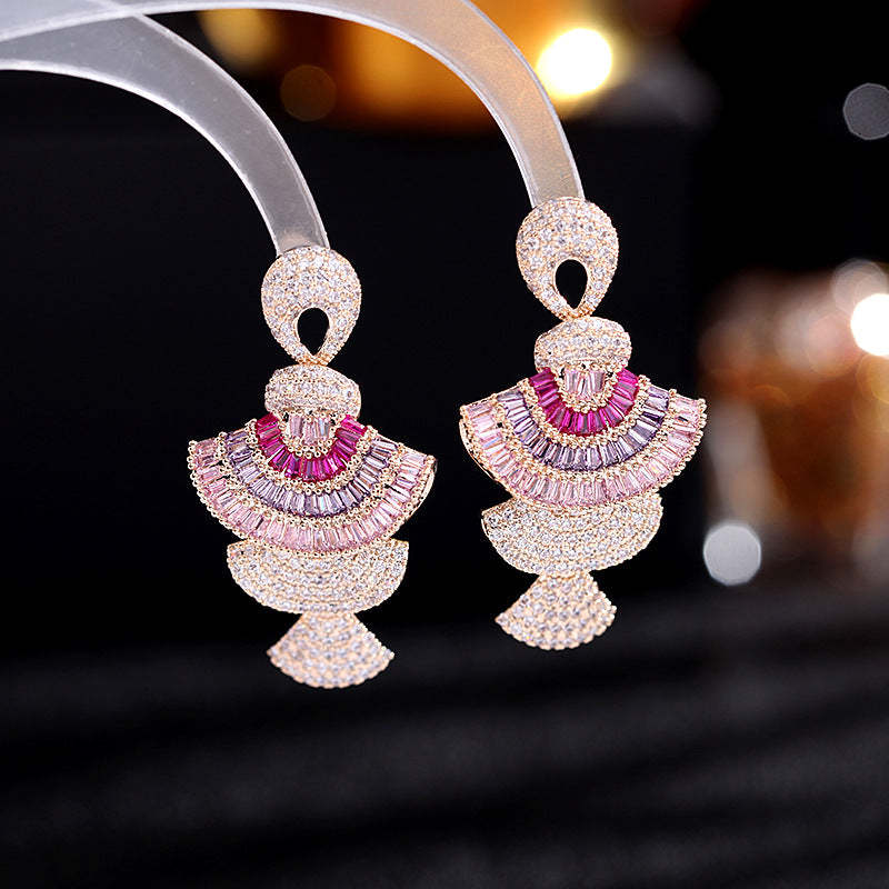 European and American heavy-duty colored zircon small skirt earrings round face slim earrings three-dimensional gradient pink fan-shaped earrings-Mix MIx Style