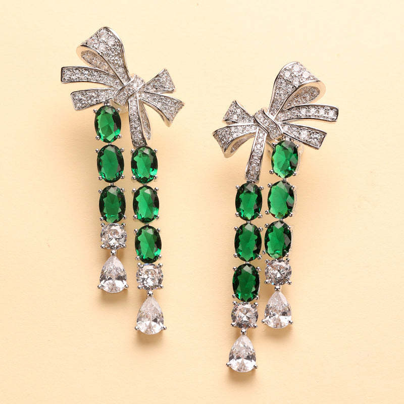 2021 Autumn and Winter Cross-border New Arrivals Bow Earrings Micro-inlaid Egg-shaped Green Zircon Tassel Women's Luxury Evening Earrings-Mix MIx Style