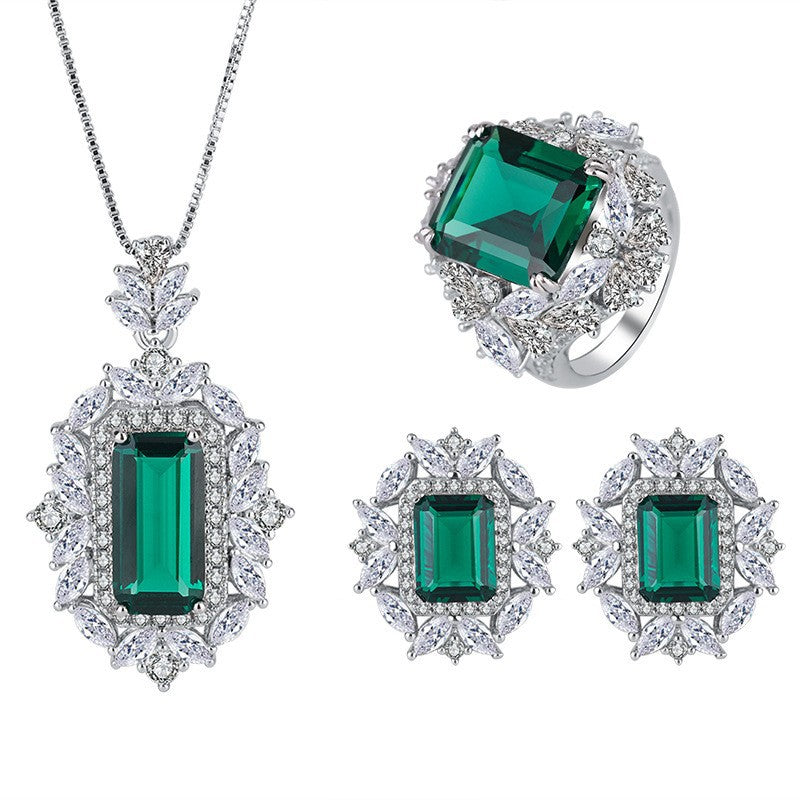 2023 New Simulated Emerald Square Set Pendant 8*16 Ring 12*14 Earrings 6*8 Silver S925-Mix MIx Style