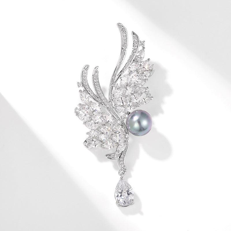 Xiliang Concubine high-end zircon wing brooch natural freshwater pearl corsage temperament suit coat accessories pin-Mix MIx Style