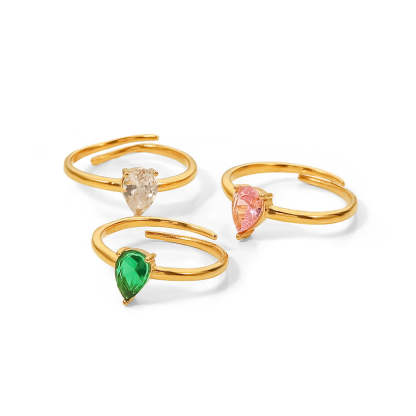 INS French fine titanium steel ring 18K gold white/green/pink teardrop-shaped zircon adjustable ring-Mix MIx Style