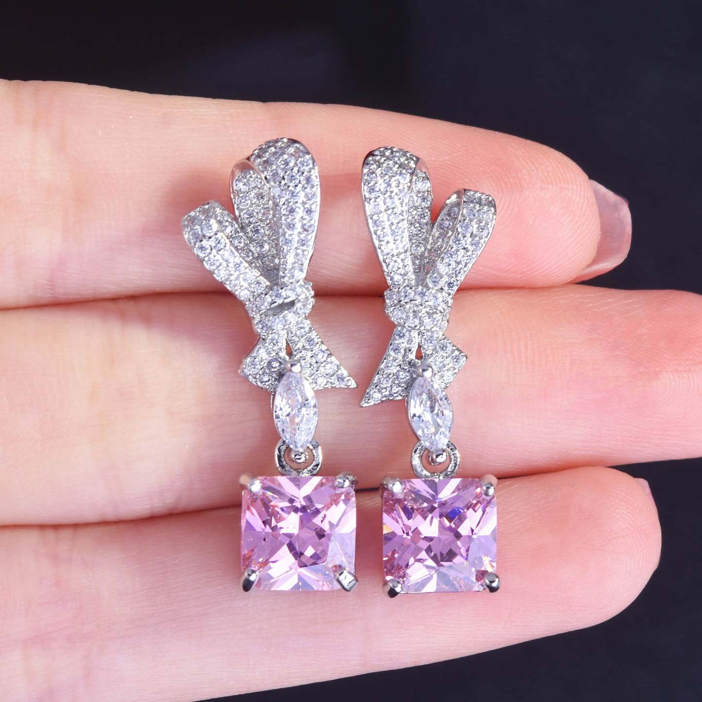 Pink - Yellow Bow Cushion Moissanite Diamonds Luxury 18k White Gold Plated Retro Drop Earrings | Mix Mix Style-Mix MIx Style