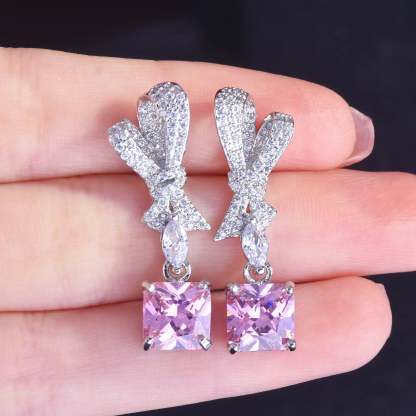 Pink - Yellow Bow Cushion Moissanite Diamonds Luxury 18k White Gold Plated Retro Drop Earrings | Mix Mix Style-Mix MIx Style