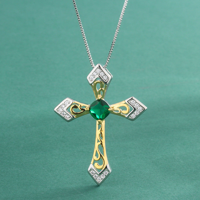 Red Retro Cross Pendant Cushion Cut Diamond Luxury 18k Gold Plated Necklace Jewelry | Mix Mix Style-Mix MIx Style
