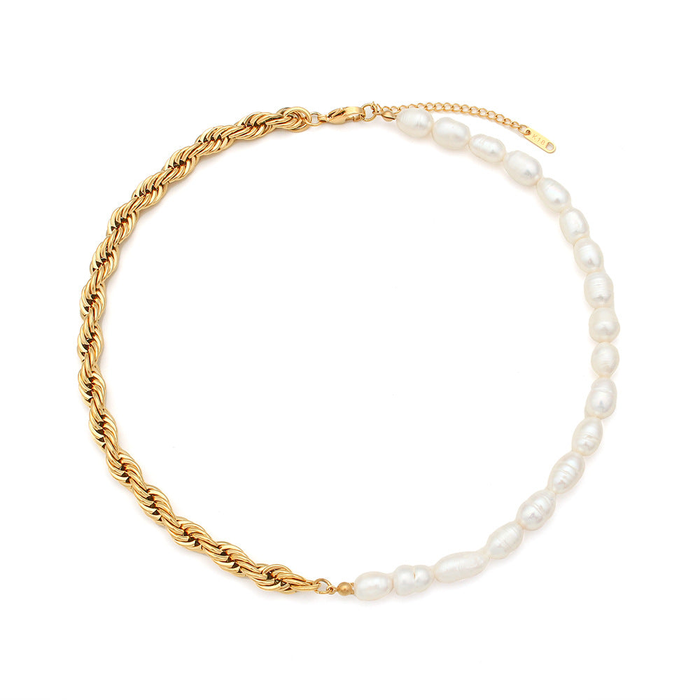 Half Pearl & Half Chain Vintage Classic Luxury 18k Gold Plated Necklace Bracelet Jewelry Set | Mix Mix Style-Mix MIx Style