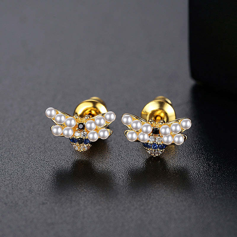 Bee Shaped Akoya Pearls & Moissanite Diamonds  18k Vermeil Gold Plated Vintage Stud Earrings | Mix Mix Style-Mix MIx Style