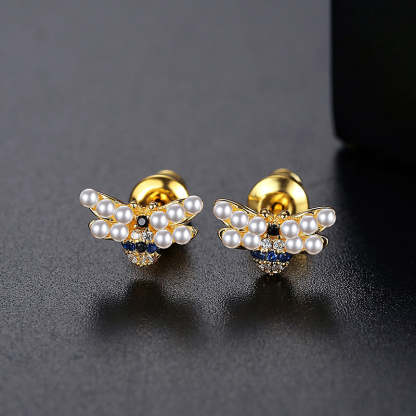 Bee Shaped Akoya Pearls & Moissanite Diamonds  18k Vermeil Gold Plated Vintage Stud Earrings | Mix Mix Style-Mix MIx Style