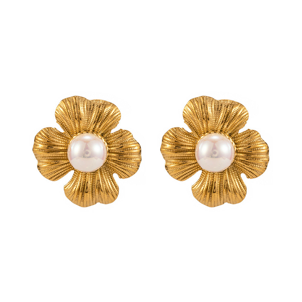 Flower Shaped Trendy White Akoya Pearl Elegant 18k Vermeil Gold Plated Stud Earrings | Mix Mix Style-Mix MIx Style