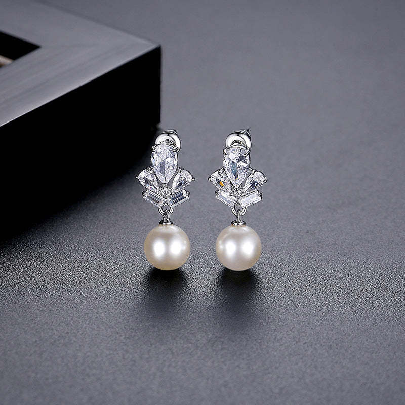 Jinse imitation pearl earrings French light luxury high-end earrings copper inlaid zircon earrings Korean temperament jewelry for women-Mix MIx Style