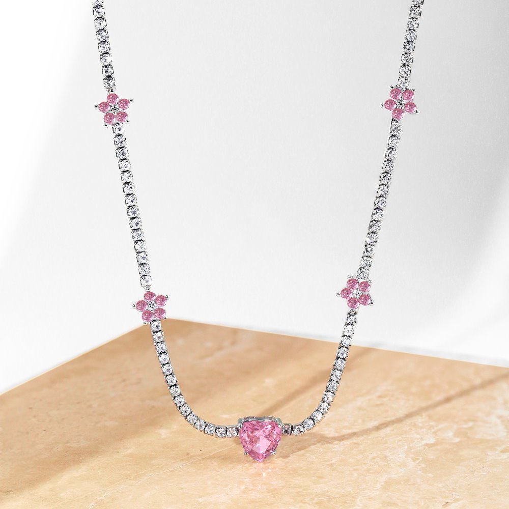 S925 sterling silver tennis necklace for women pink crushed ice flower heart-shaped high carbon diamond zircon tennis chain high-end clavicle chain-Mix MIx Style