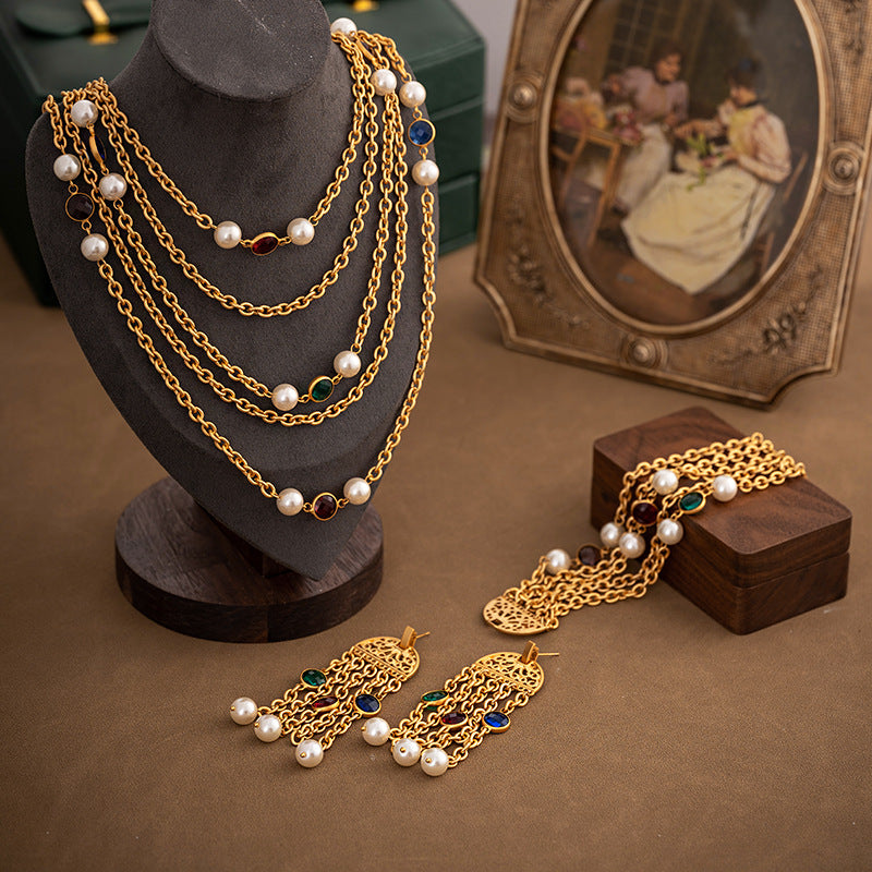 Multi-layer Classic Pendant Akoya Pearl & Diamonds 18k Gold Plated Necklace Earring Bracelet Jewelry Set | Mix Mix Style-Mix MIx Style