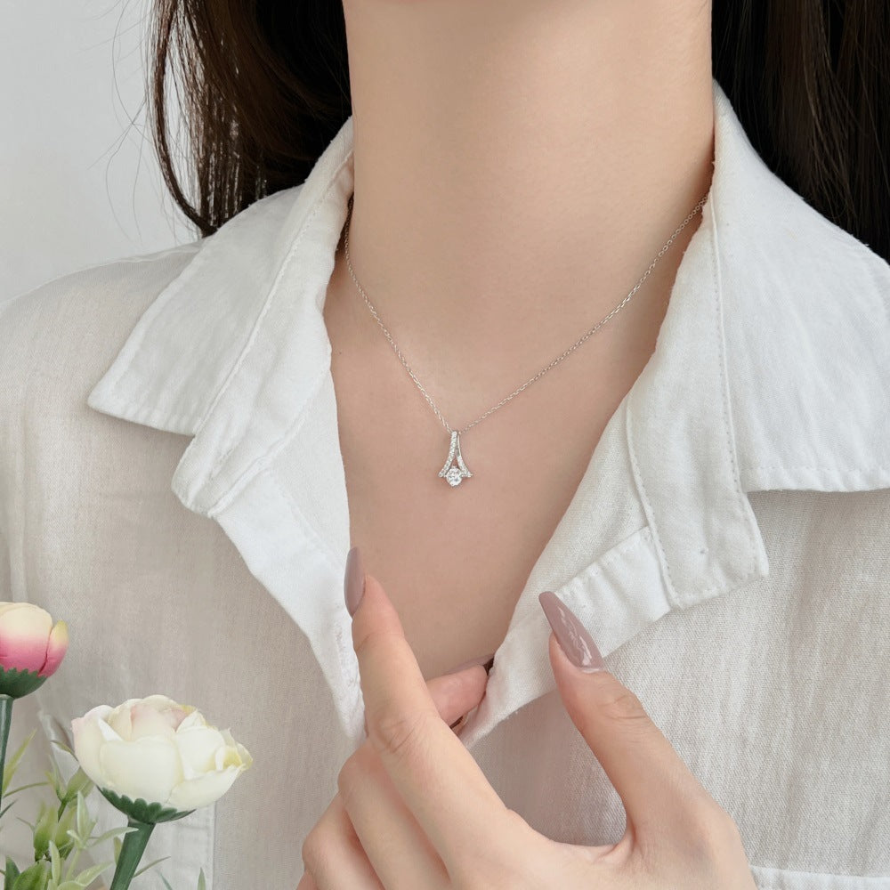 Seiko S925 sterling silver necklace for women niche high-end design diamond zircon herringbone fan-shaped pendant clavicle chain-Mix MIx Style