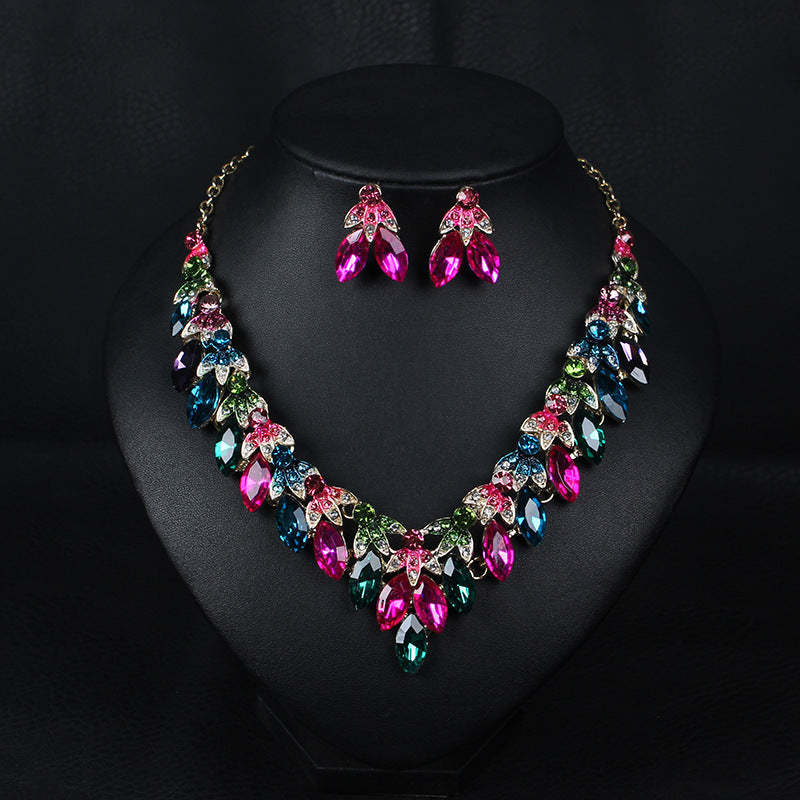 Pink Multicolor Retro Classic Marquise Diamonds Luxury 18k Gold Plated Necklace & Earrings Jewelry Set | Mix Mix Style-Mix MIx Style