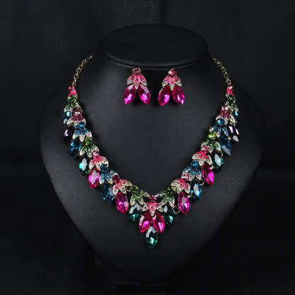 Pink Multicolor Retro Classic Marquise Diamonds Luxury 18k Gold Plated Necklace & Earrings Jewelry Set | Mix Mix Style-Mix MIx Style