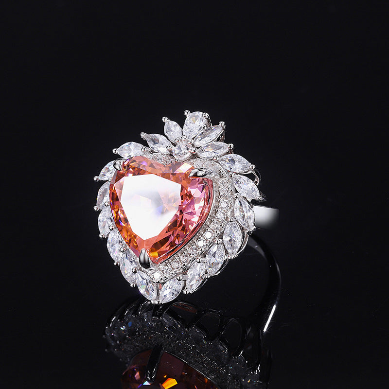 Douyin's best-selling style, elegant and dignified high-carbon diamond ring Padparadscha heart-shaped ring pendant set S925 silver-Mix MIx Style