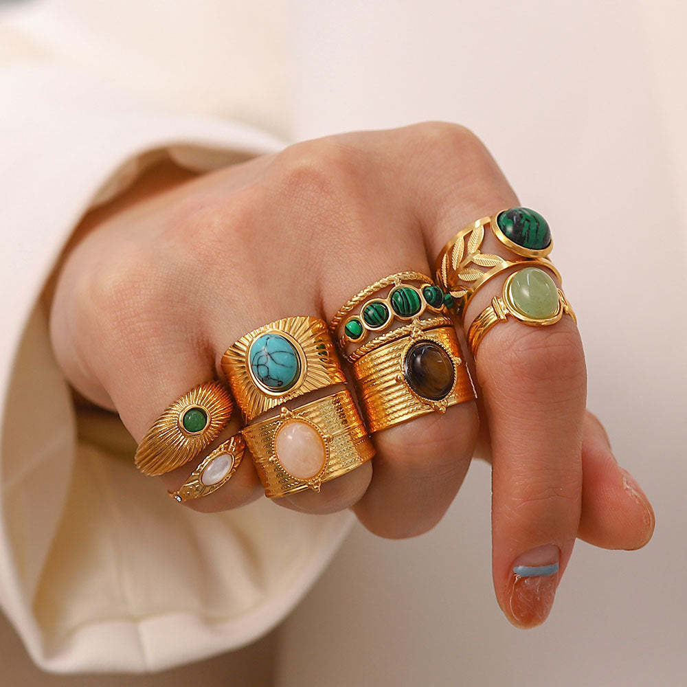 European and American retro stainless steel ring 18k gold plated ring inlaid with malachite jewelry wholesale-Mix MIx Style