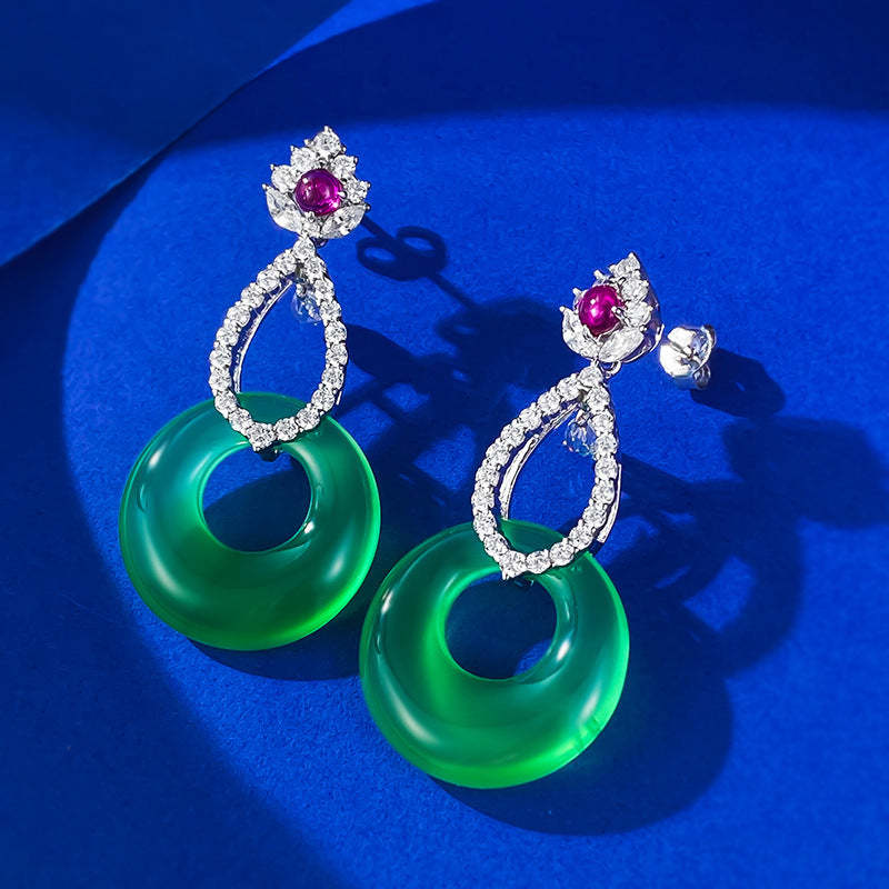 Circle Green & Pink Trendy Moissanite Diamonds Luxury 18k White Gold Plated Drop Earrings | Mix Mix Style-Mix MIx Style
