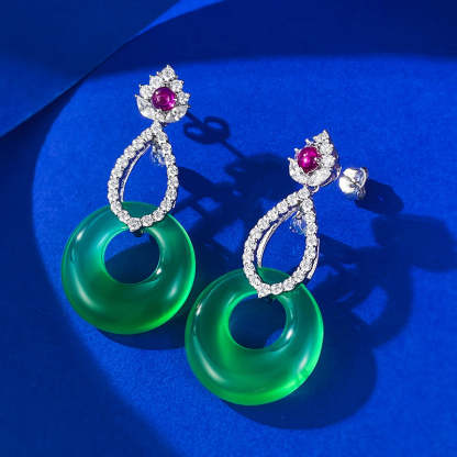 Circle Green & Pink Trendy Moissanite Diamonds Luxury 18k White Gold Plated Drop Earrings | Mix Mix Style-Mix MIx Style