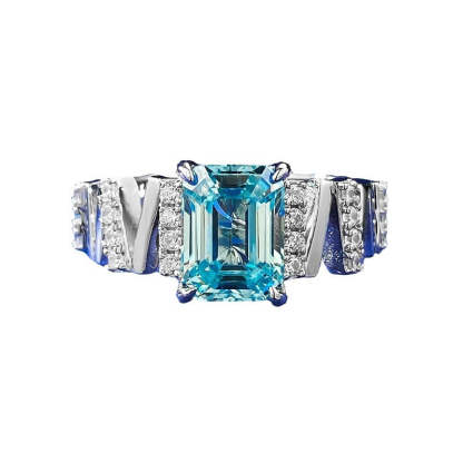 Mu Jing's new S925 silver 6*8 rectangular 3ct car flat light sea blue ring for women simple and atmospheric diamond ring one piece drop shipping-Mix MIx Style