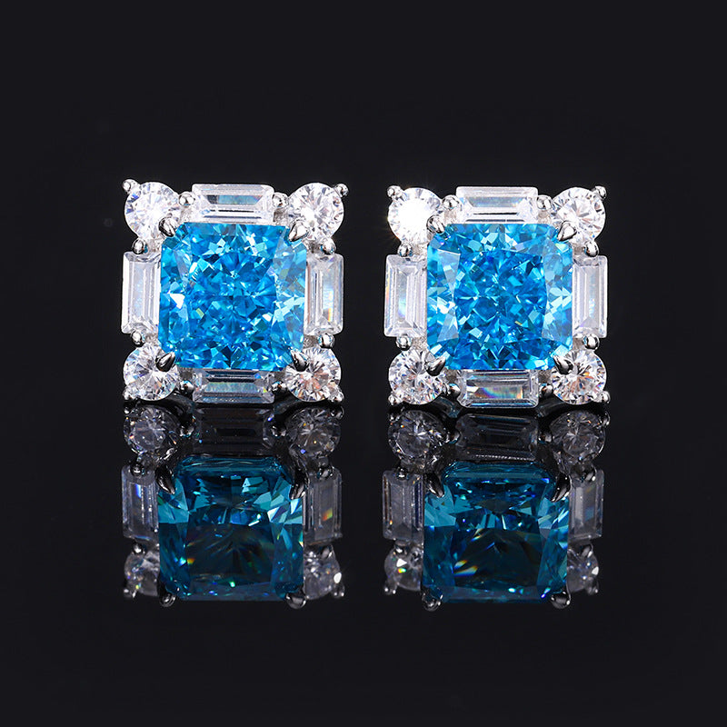 2023 New S925 Silver High Carbon Diamond Aquamarine Princess Square Diamond Set Female Main Stone 8*8-7*7-Mix MIx Style