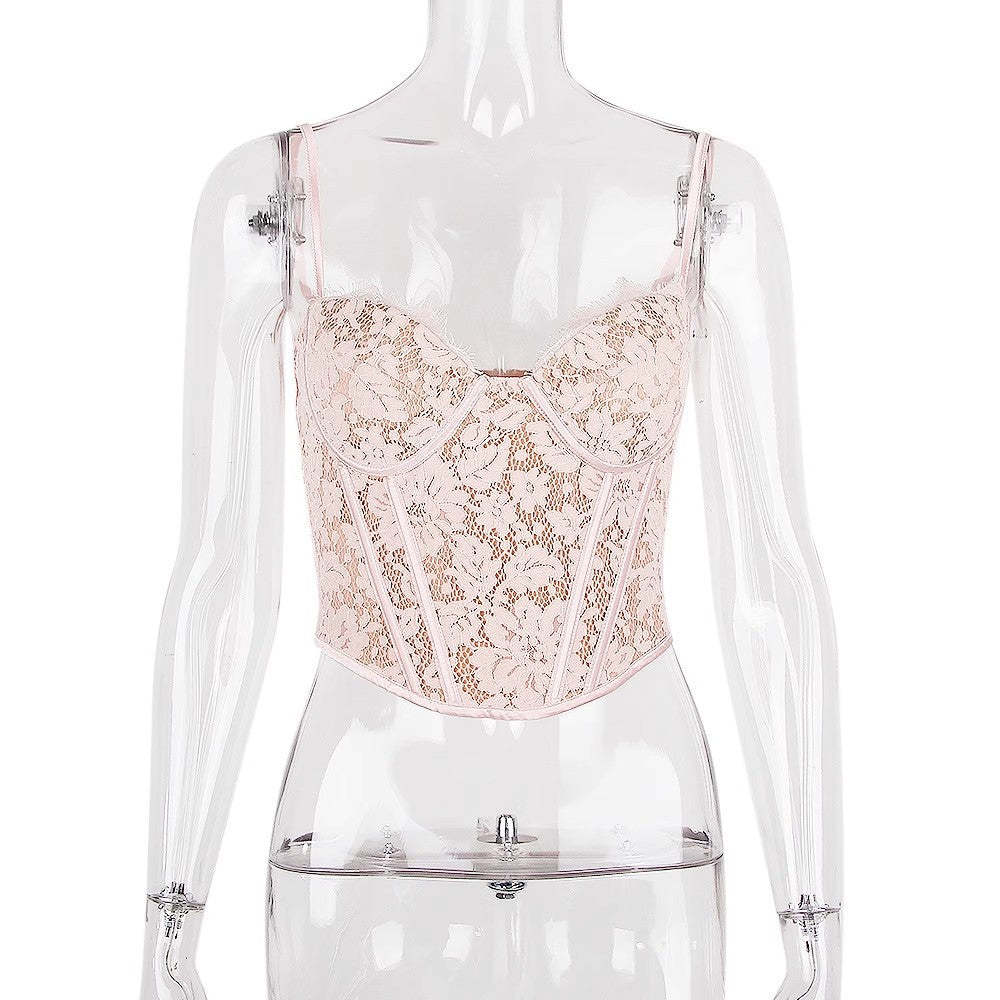 European and American high-end sling lace top fishbone slim fit versatile slim temperament summer vacation travel women's clothing-Mix MIx Style