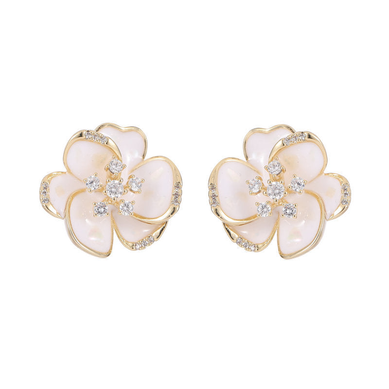 s925 silver needle niche flower earrings trendy fashion commuting daily wear zircon oil drop three-dimensional camellia earrings-Mix MIx Style