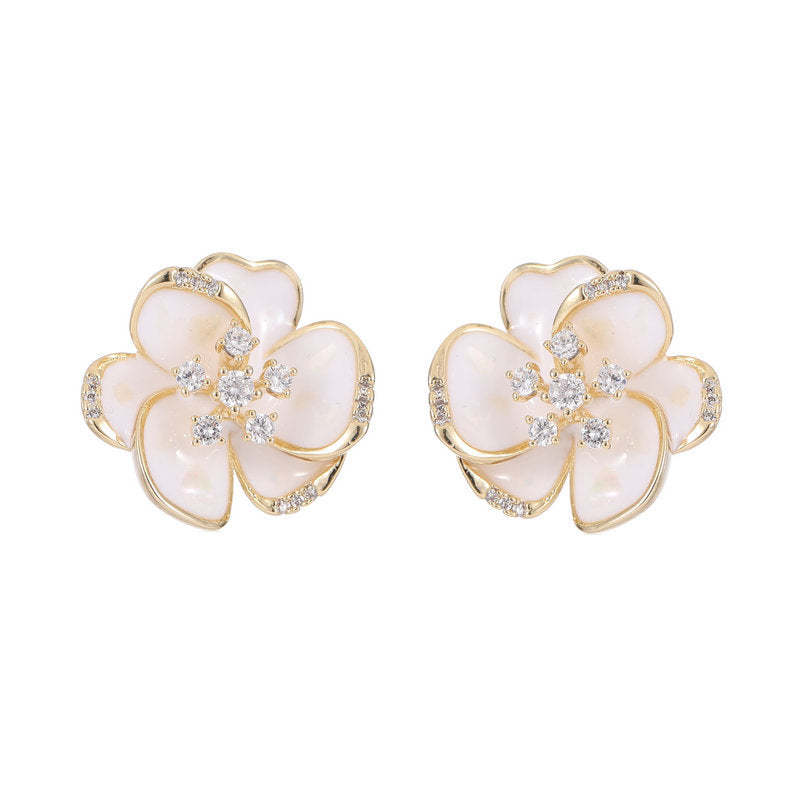 s925 silver needle niche flower earrings trendy fashion commuting daily wear zircon oil drop three-dimensional camellia earrings-Mix MIx Style
