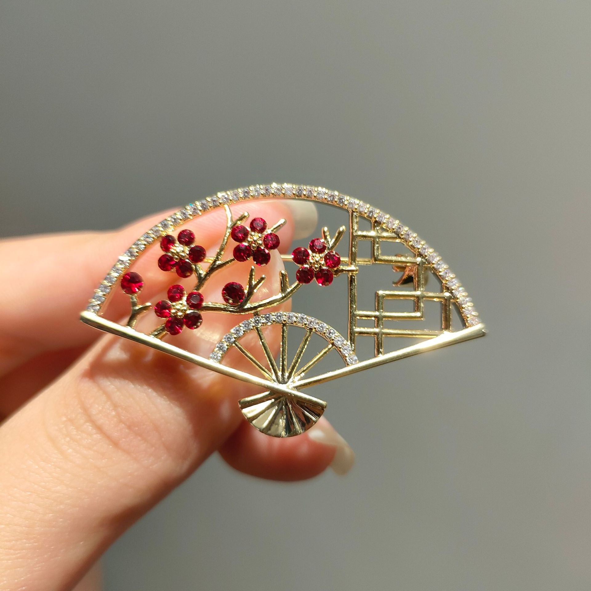 Xiliang Concubine's new national style cheongsam accessories exquisite zircon fan-shaped plum blossom brooch cardigan anti-exposure pin-Mix MIx Style
