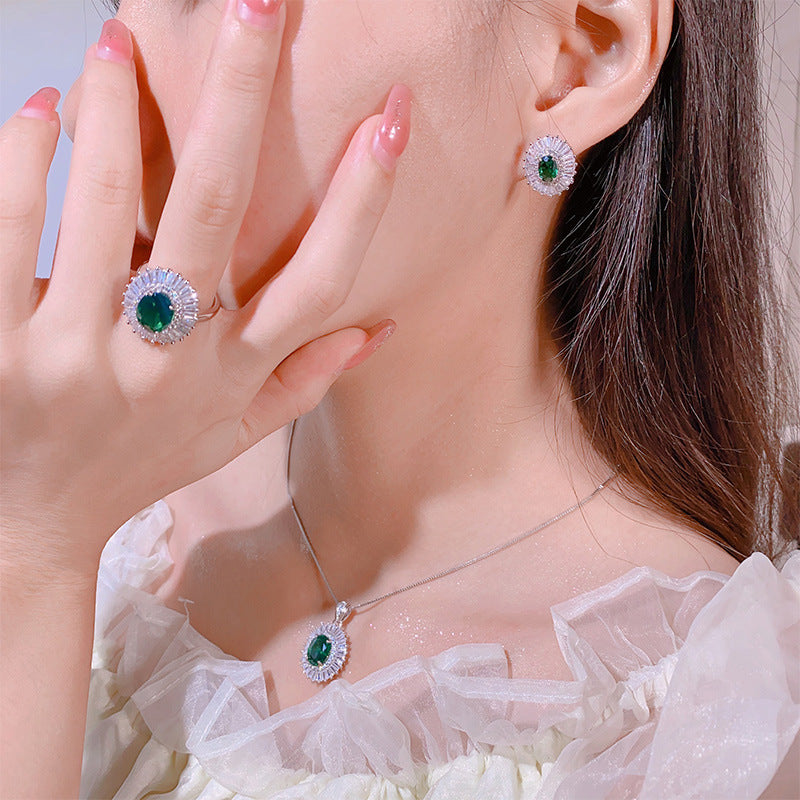 Green & Pink Retro Classic Pendant Oval Diamond Luxury 18k White Gold Plated Necklace Earring Ring Jewelry Set | Mix Mix Style-Mix MIx Style