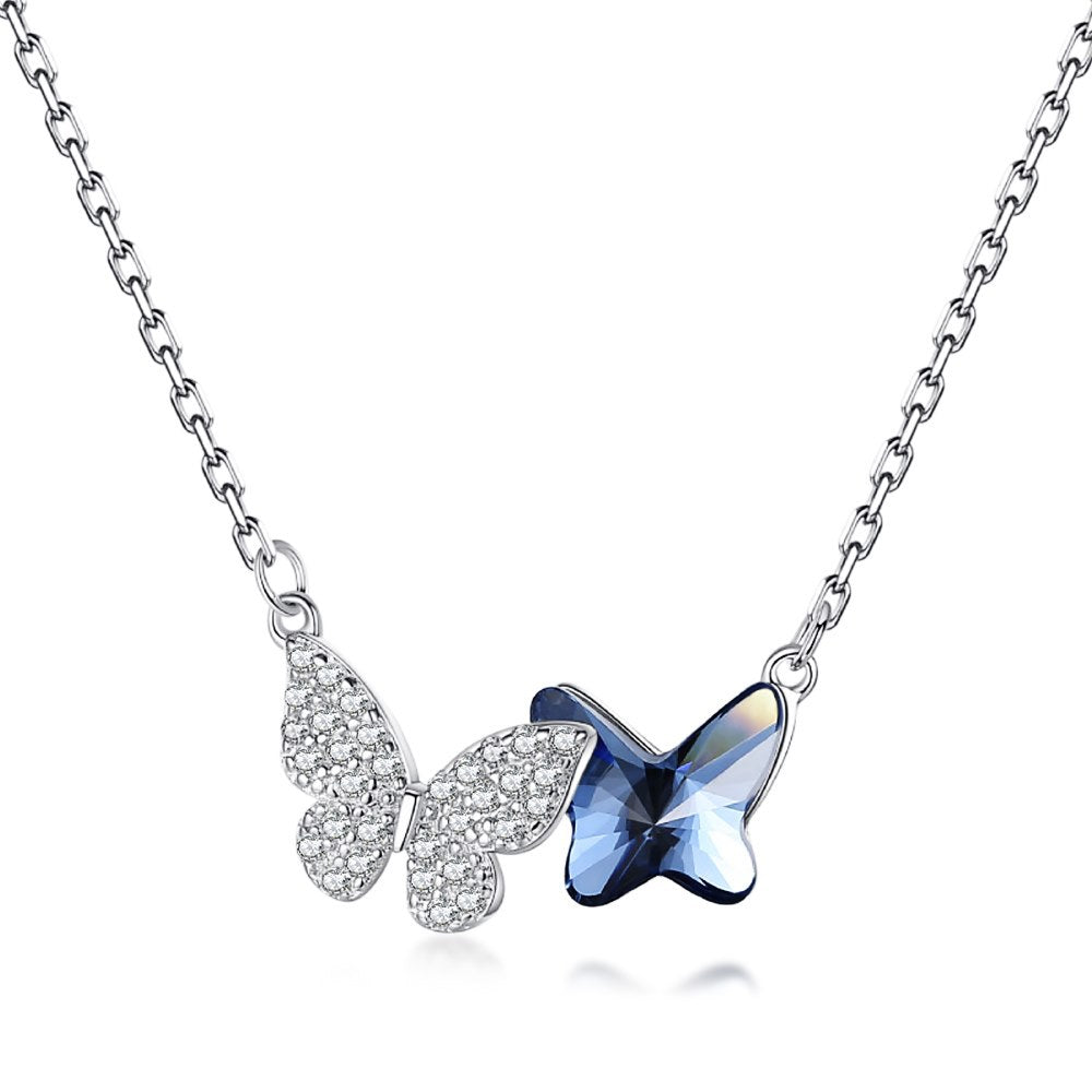 S925 sterling silver necklace for women Austrian crystal niche design high-end blue butterfly pendant clavicle chain for women-Mix MIx Style