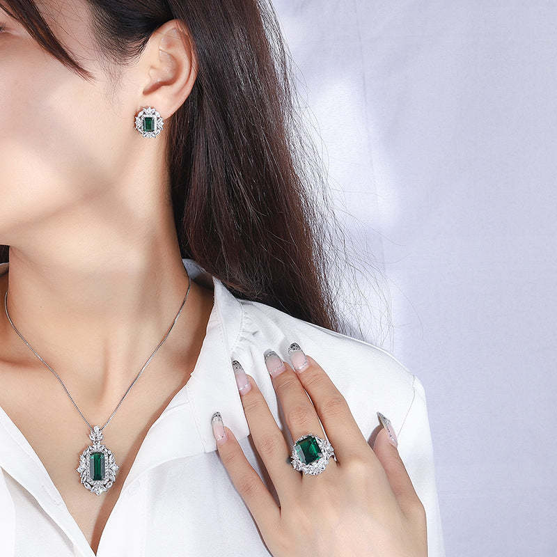 2023 New Simulated Emerald Square Set Pendant 8*16 Ring 12*14 Earrings 6*8 Silver S925-Mix MIx Style