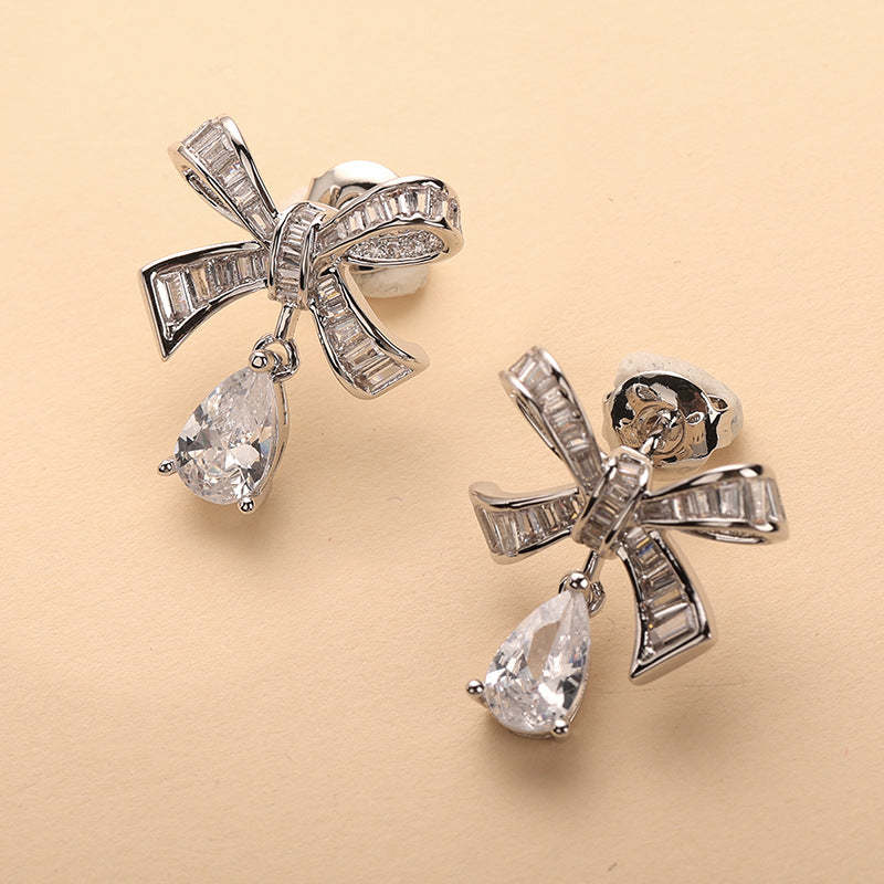 2021 cross-border new product pear-shaped water drop earrings micro-encrusted T-shaped simulated diamonds sweet bow ladies wedding earrings-Mix MIx Style