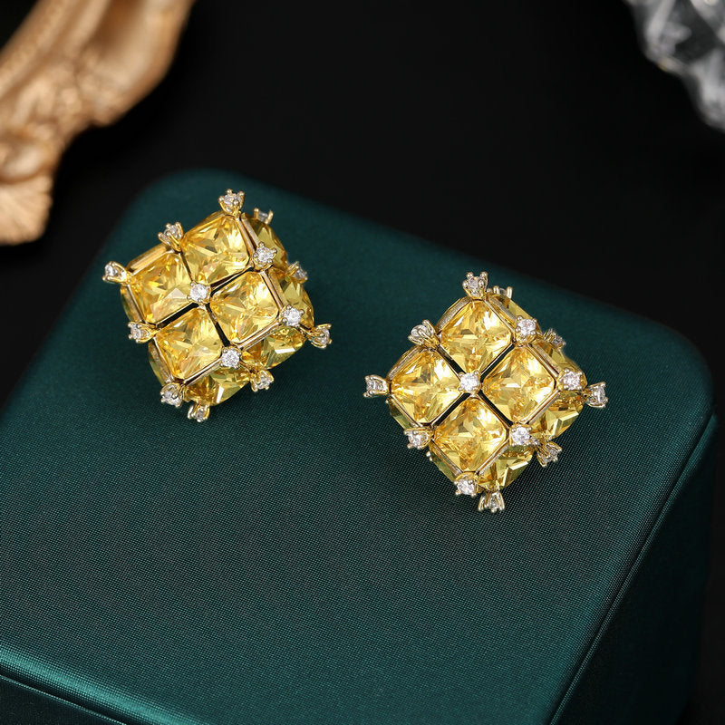 s925 silver needle light luxury high-end earrings wholesale niche design Korean style trendy geometric three-dimensional square crystal earrings-Mix MIx Style