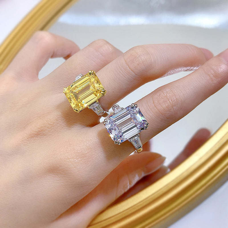 Solitarie Yellow Emerald Cut Moissanite Diamond 5ct 18k White Gold Plated Engagement Ring | Mix Mix Style-Mix MIx Style