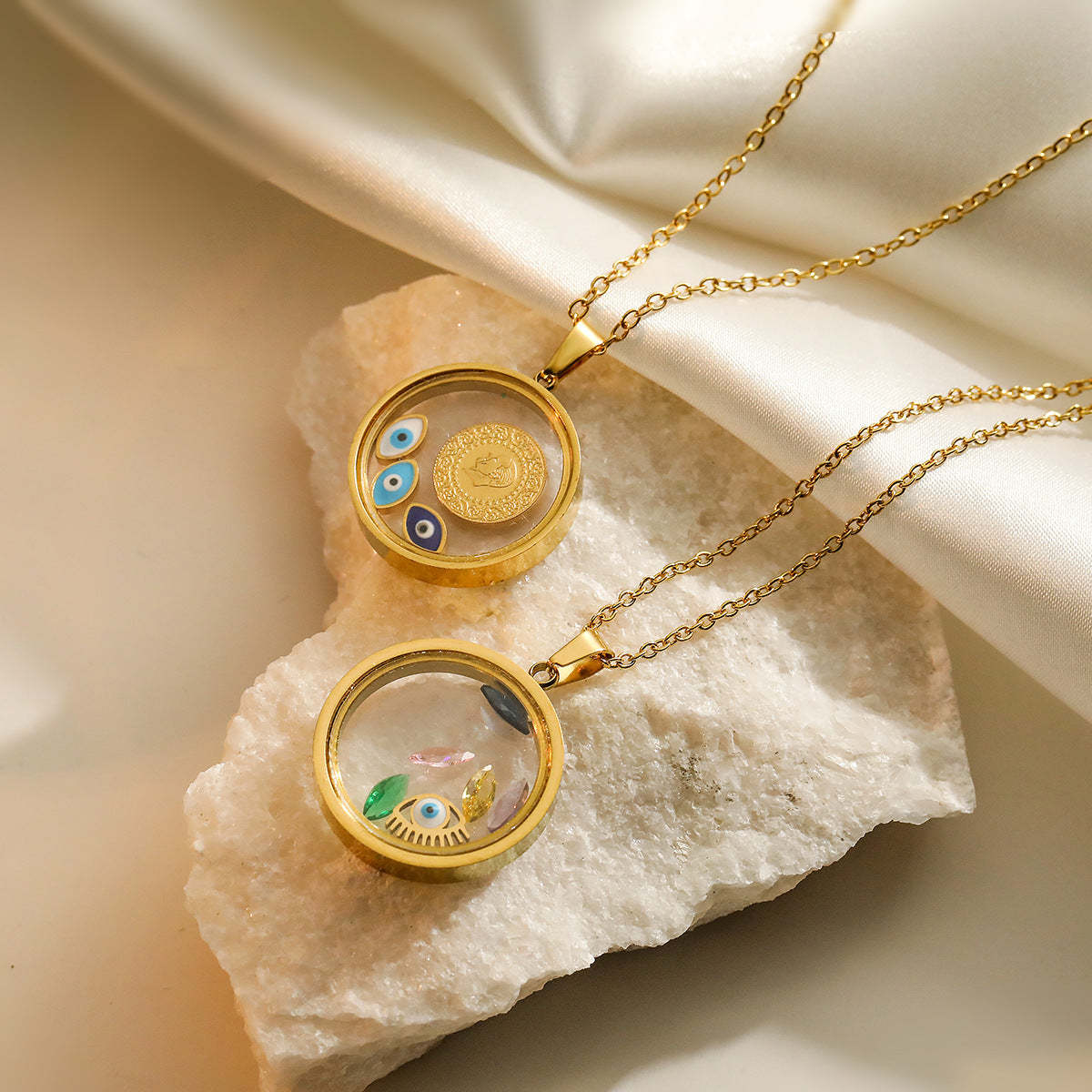 Retro Round Transparent Pendant Luxury Devils Eyes 18k Vermeil Gold Plated Necklace Jewelry | Mix Mix Style-Mix MIx Style