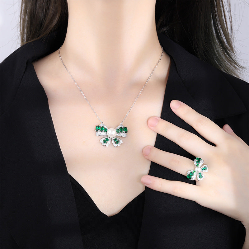 Green Bow Vintage Pendant Diamonds Luxury 18k White Gold Plated Necklace Ring Jewelry Set | Mix Mix Style-Mix MIx Style
