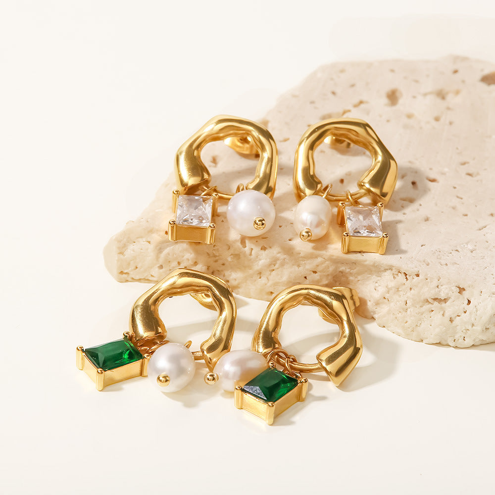 White Akoya Pear & Radiant Cut Moissanite Diamonds Elegant 18k Vermeil Gold Plated Retro Hoop Earrings | Mix Mix Style-Mix MIx Style