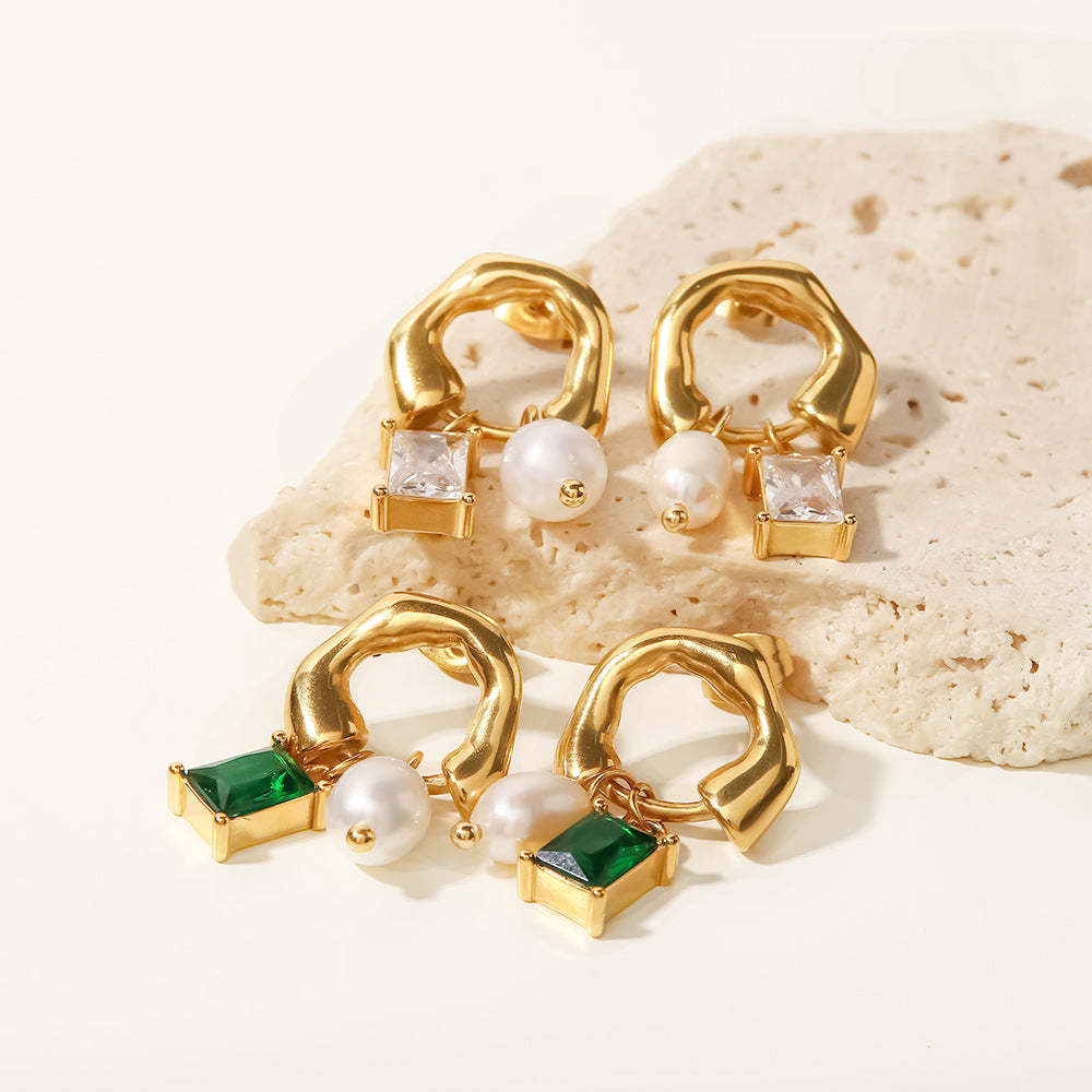 White Akoya Pear & Radiant Cut Moissanite Diamonds Elegant 18k Vermeil Gold Plated Retro Hoop Earrings | Mix Mix Style-Mix MIx Style