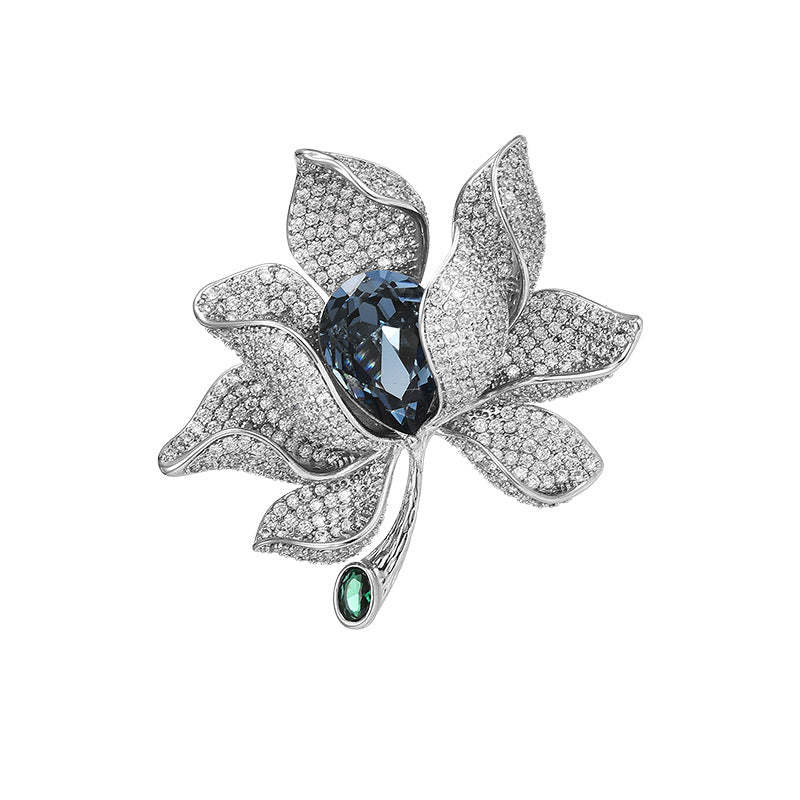 New Korean heavy blue crystal silver petal pin female pin luxury atmosphere crystal corsage suit coat accessories-Mix MIx Style