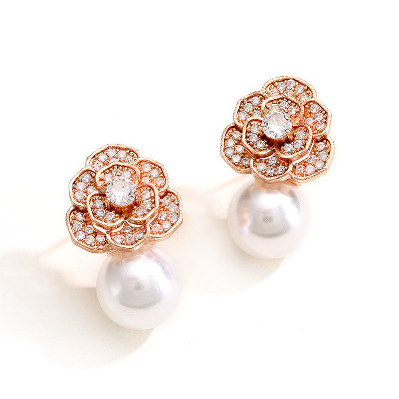 Rose Flower Earrings Gold Plated Pearl Moissanite Earrings Mix Mix Style [Hot Seller]-Mix MIx Style