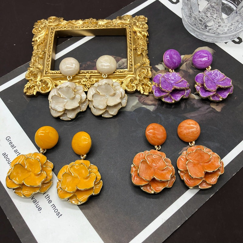 Purple - Orange - Yellow 3D Flower Shaped Summer Elegant 18k Vermeil Gold Plated Drop Earrings | Mix Mix Style-Mix MIx Style