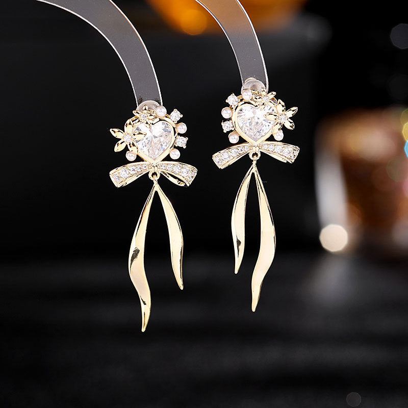 Korean style fresh temperament sweet girl heart earrings zircon earrings s925 silver needle ribbon bow love earrings-Mix MIx Style