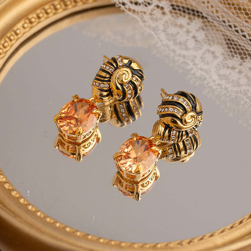Retro earrings for women, middle-aged vintage oil dripping palace style zircon pendant earrings spiral temperament French earrings-Mix MIx Style