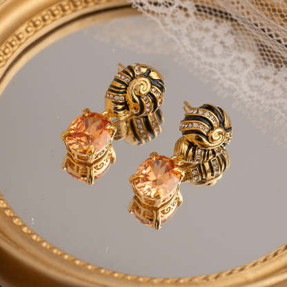 Retro earrings for women, middle-aged vintage oil dripping palace style zircon pendant earrings spiral temperament French earrings-Mix MIx Style