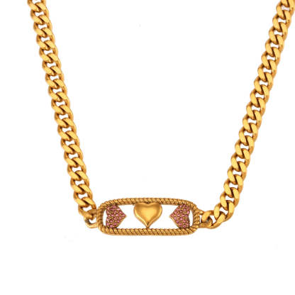 Thick Chain Retro Classic Hearts Pink Diamonds Luxury 18k Vermeil Gold Plated Necklace Jewelry | Mix Mix Style-Mix MIx Style